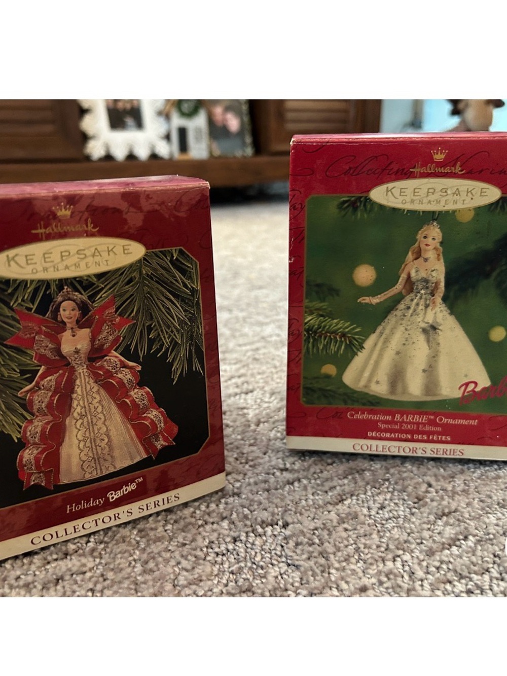 Two Hallmark KEEPSAKE the Label Red and White Holiday Barbie Collector Ornaments